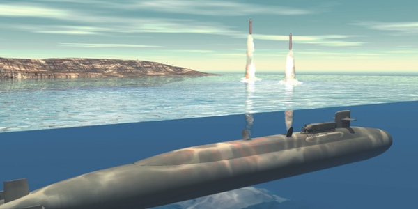 Studie eines U-Bootes der Ohio-Klasse beim Abschuss mehrerer nuklearfähiger Marschflugkörper. 