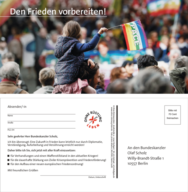 Aktionspostkarte: "Den Frieden vorbereiten!" an Bundeskanzler Scholz