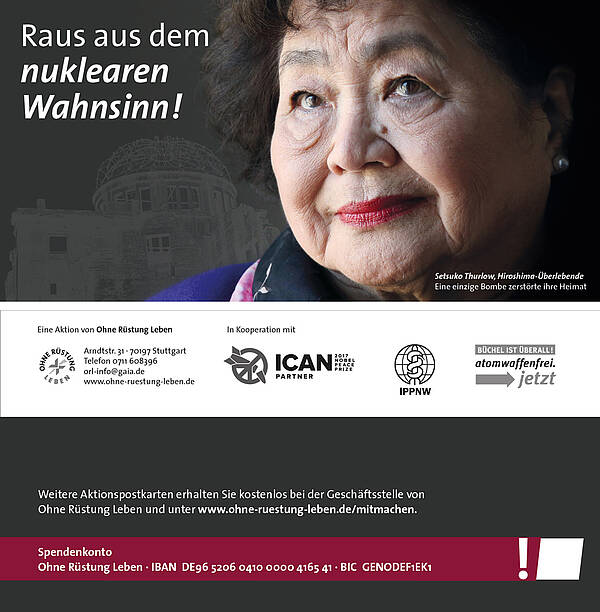 Aktionspostkarte: "Raus aus dem nuklearen Wahnsinn!" an Bundeskanzler Scholz (rot)