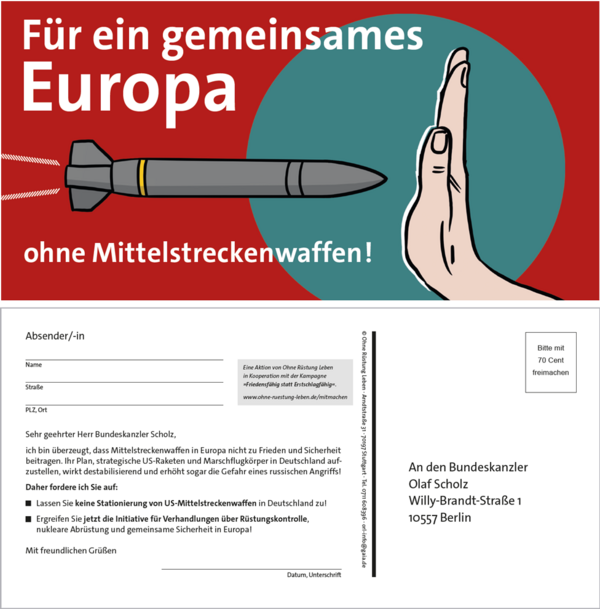 Aktionspostkarte: "Für ein gemeinsames Europa ohne Mittelstreckenwaffen!"