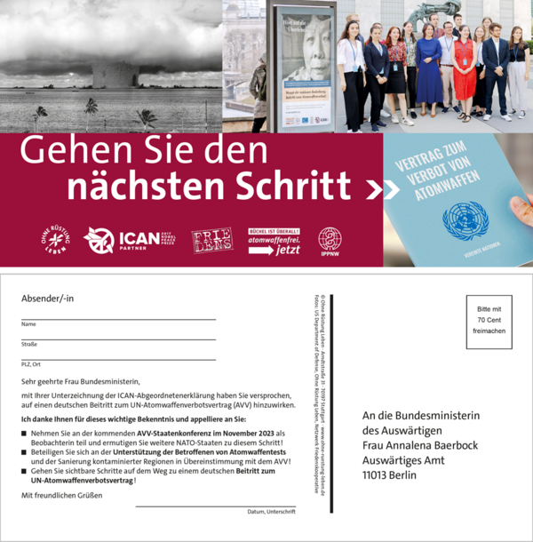 Aktionspostkarte: "Gehen Sie den nächsten Schritt!" an Außenministerin Baerbock