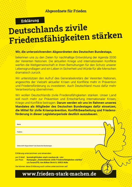 Faltblatt zur Abgeorndetenerklärung "Deutschlands zivile Friedensfähigkeiten stärken"