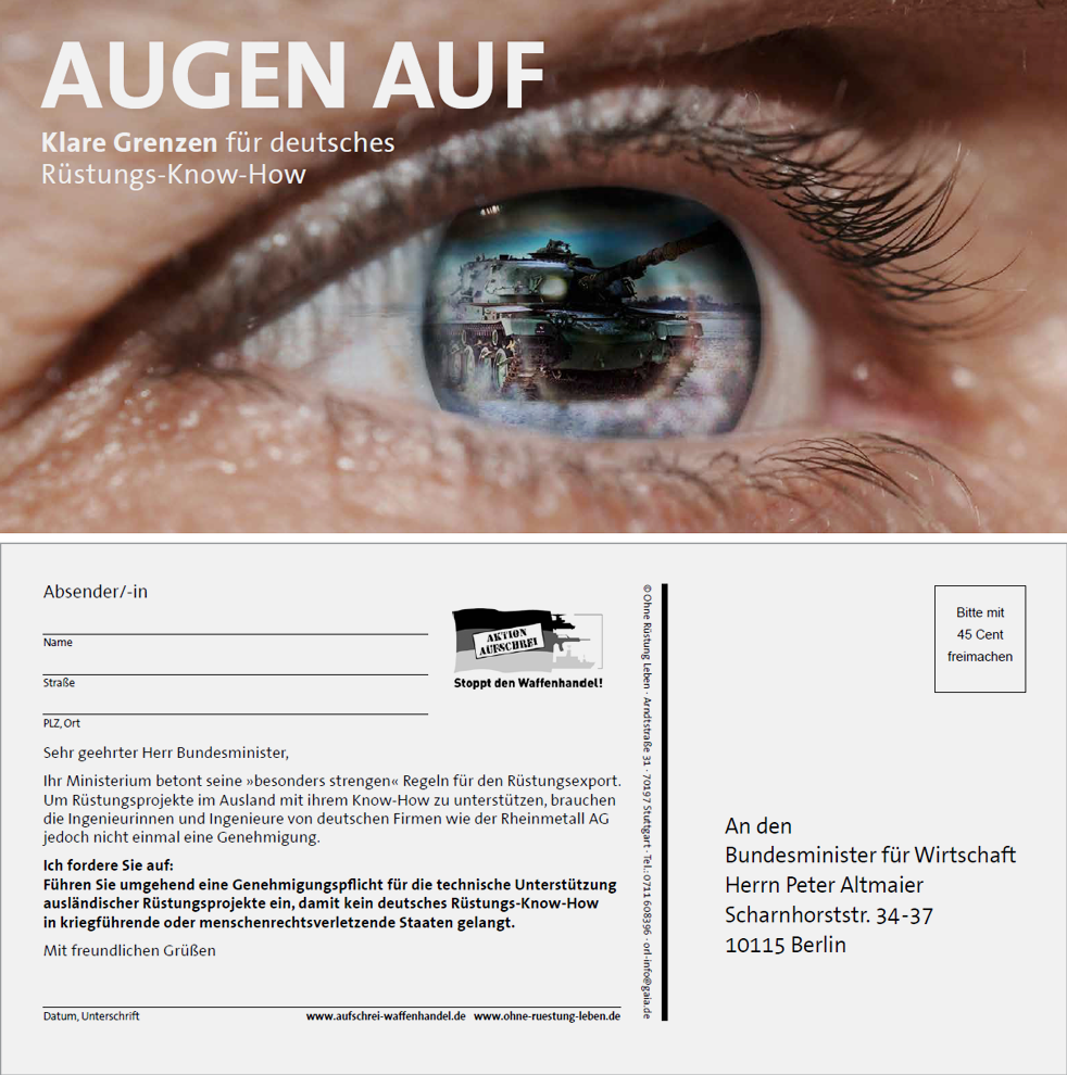 Aktionspostkarte &quot;Augen auf - Klare Grenzen für deutsches Rüstungs-Know-How&quot;