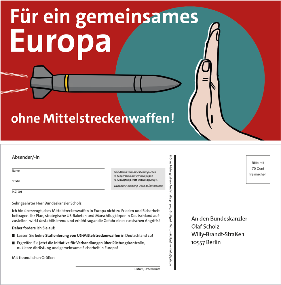 Aktionspostkarte &quot;Für ein gemeinsames Europa ohne Mittelstreckenwaffen!&quot; von Ohne Rüstung Leben