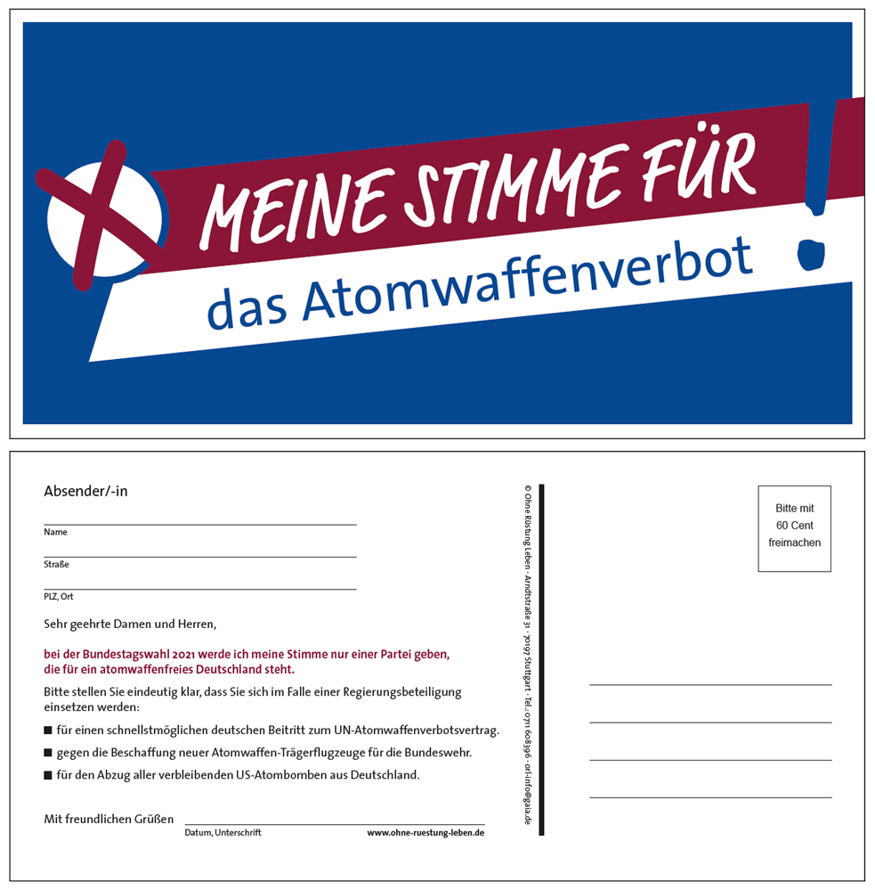 Aktionspostkarte &quot;Meine Stimme für das Atomwaffenverbot&quot; zur Bundestagswahl 2021