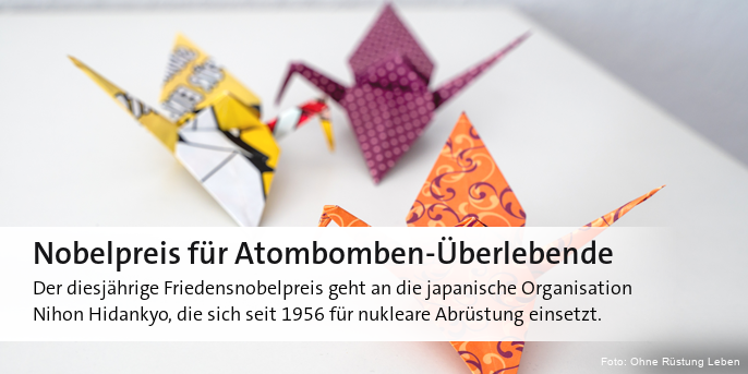 Der diesjährige Friedensnobelpreis geht an die japanische Organisation Nihon Hidankyo, die sich seit 1956 für nukleare Abrüstung einsetzt.