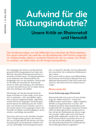  Infoblatt / Briefing zu den Hauptversammlungen 2023: "Unsere Kritik an Rheinmetall und Hensoldt" 